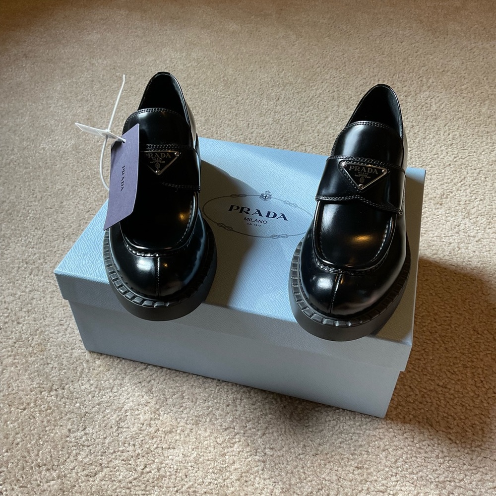 Prada chocolate brushed leather loafers BLACK 37.5